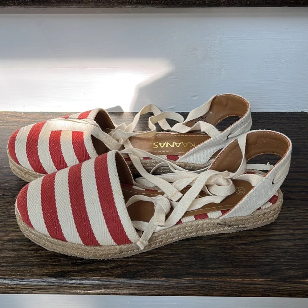 Kaanas by Anthropologie Espadrilles Red Stripe Lace Up Cotton Leather Lined - Picture 3 of 6